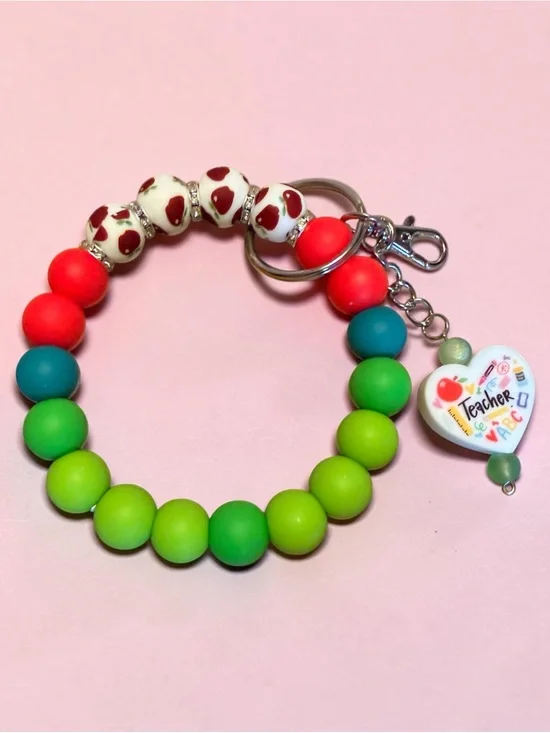 Beaded Teacher Keyring Bracelet - Green Teal Red
