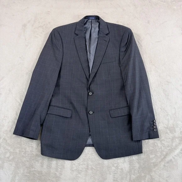 Ralph Lauren RL Blazer Jacket Sport Coat Grey Windowpane 100% Wool Men 42R