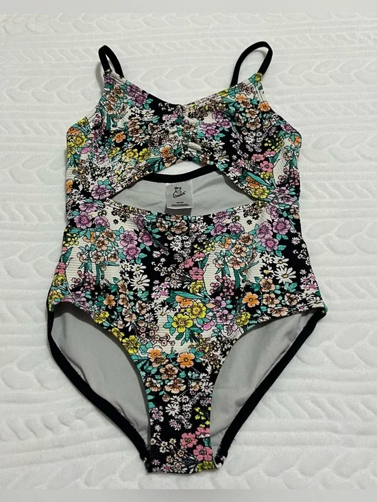 💗 Art Class - Girls Black Floral Cutout Swimsuit with Pink, Yellow, Teal Flowers