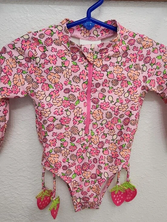 Nicole Miller pink floral one piece swimsuit with strawberry details Size 12 mon