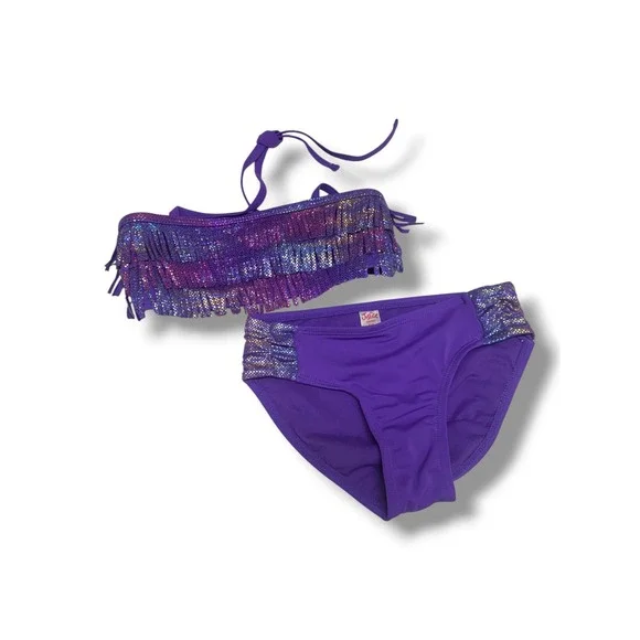 Justice Girls Purple‎ Fringe Holographic Two Piece Bikini Swimsuit Set Size 7