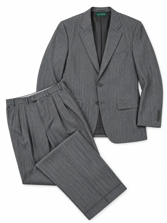 Ralph Lauren Mens 2 Pc Gray Pinstripe Wool Suit 42R 38W Pleated Cuffed Trousers