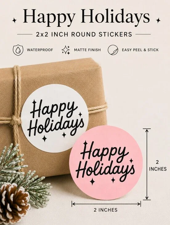 200 Happy Holidays Stickers 2inch Round Pink White Small Business Packaging
