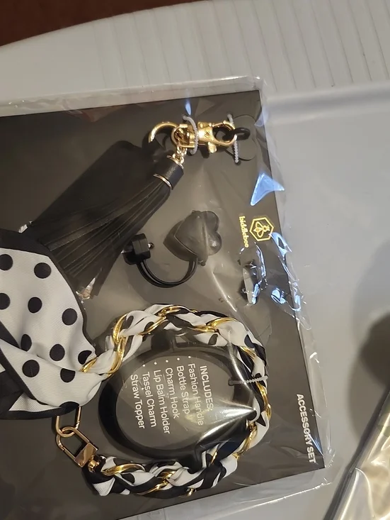 Fashionable Black and White Polka Dot Bag Charm with Gold Chain