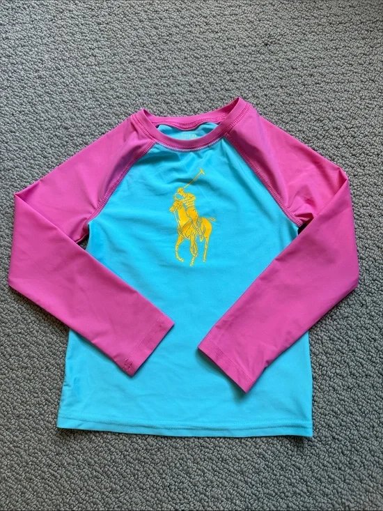 Ralph Lauren Aqua & Pink Long Sleeve Kids Rashguard with Yellow Polo Logo