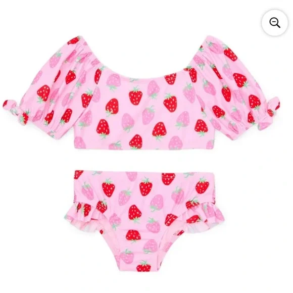 Pink Strawberry Toddler‎ Girls Bikini Swimsuit w/ Puff Sleeves, 2-Piece, Size 3T