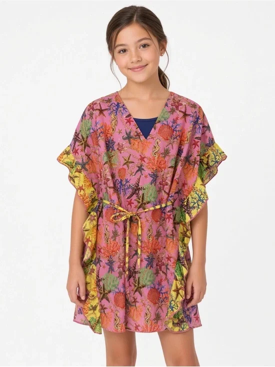 4Giveness Kids Swim Cover Up Caftan Pink Starfish Coral Italy