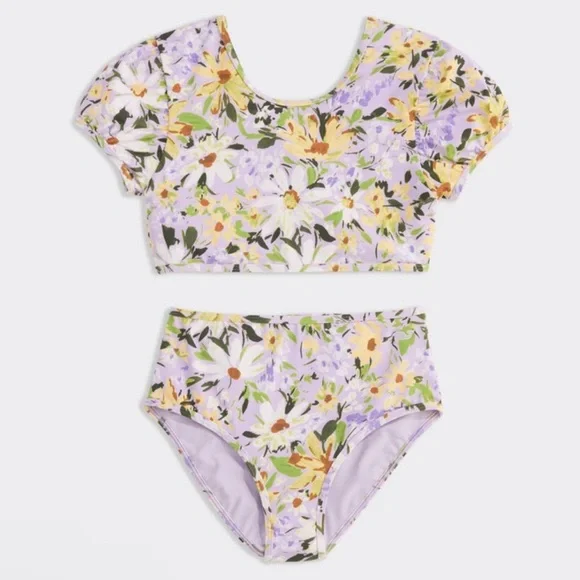 Vineyard Vines Girls Puff-Sleeve Two-piece Swimsuit in Floral Iris Medium 12/14