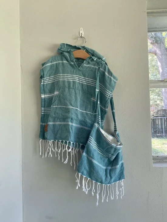 Handmade Gold Case Teal Turkish Cotton Swim Poncho & Bag Girls 4-5Y