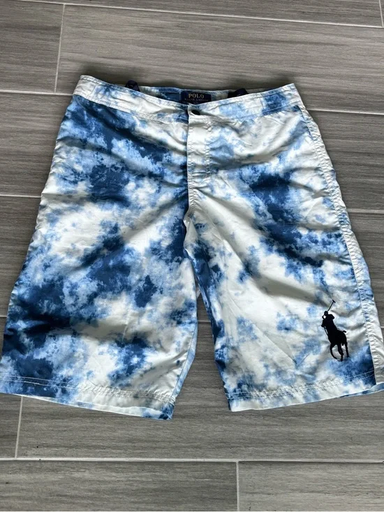 POLO Ralph Lauren Swim Trunks Tie-Dye Youth 18-20 Blue Large Logo Snap Waist