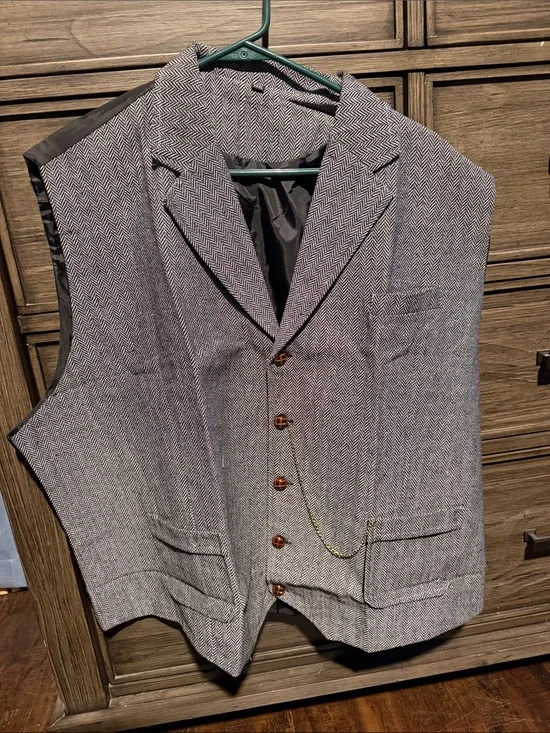 Mens Gray Herringbone Waistcoat Vest with Notch Lapel