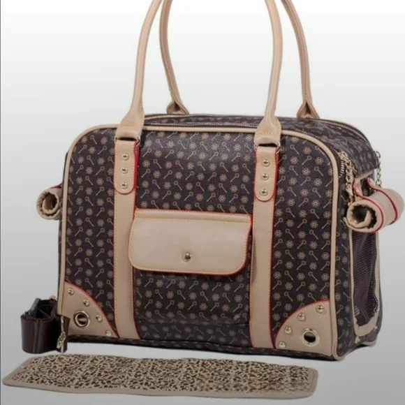 Fine Elegant Canine Couture Stylish Tan Black Faux Leather Signature Pet Carrier