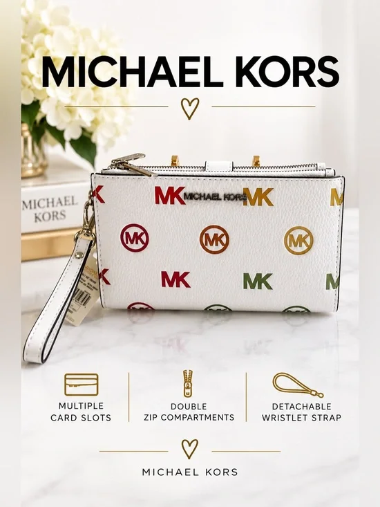 Michael Kors NWT White Multicolor MK Logo Wristlet/Wallet