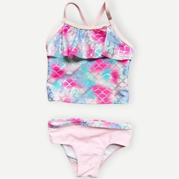 Wonder Nation Baby Girls Pink Ruffle Two Piece Tankini Swim Suit. 12 Months.