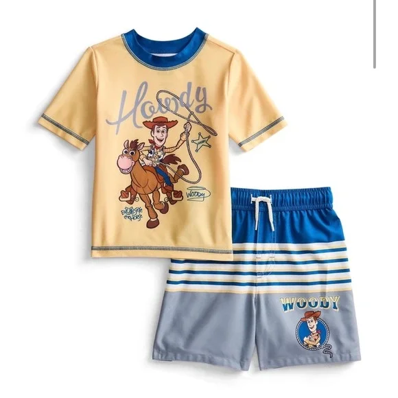 Disney Pixar Toy Story Woody Bullseye Rash Guard Swim Trunks Set‎ Boys 18M NWT