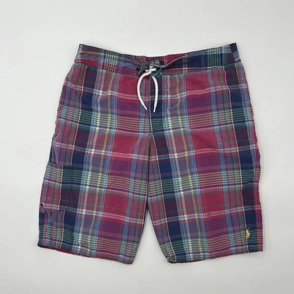 Polo‎ Ralph Lauren Boys XL 18-20 Swim Trunks Plaid Madras Mesh Lined Pony
