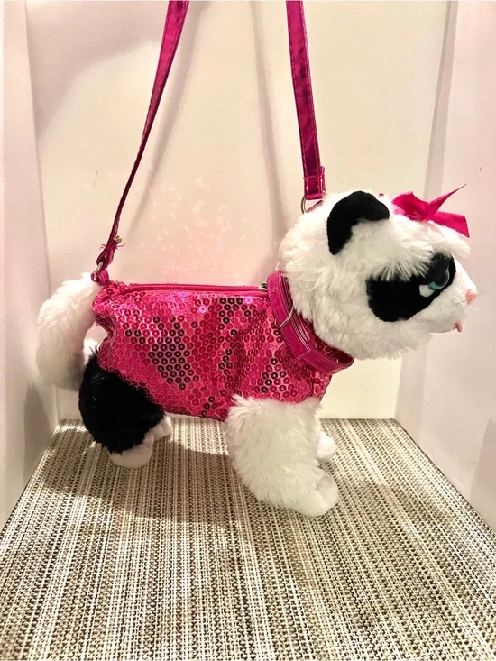 NEW Poochie & Co. Sequin Plush Dog Crossbody Carrier Bag in Hot Pink.