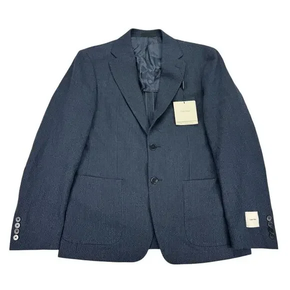 Calvin Klein Mens Slim Fit Wool Blend Textured Stretch Sport Coat Navy Blue 39S