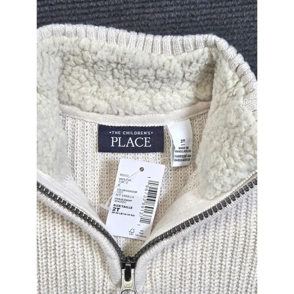 The Children's Place Quarter Zip Sweater Boys 2T Vanilla Ribbed Sherpa Lined NEW