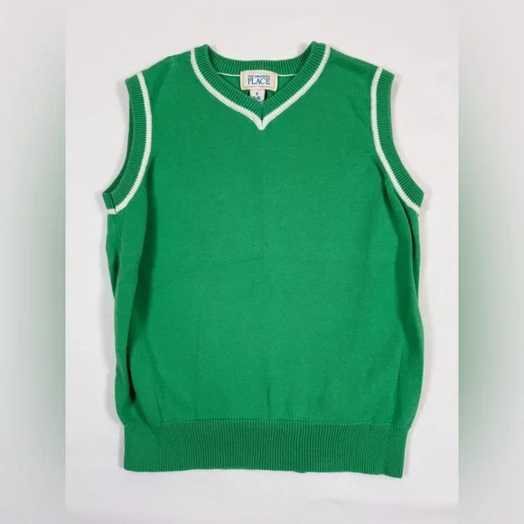 THE CHILDREN'S PLACE Boys Y2K Preppy 100% Cotton Kelly Green Knit Sweater Vest S