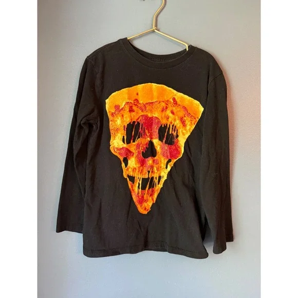 The Childrens Place Boys Black Pizza Skull Graphic Long Sleeve Tee Shirt M 7/8