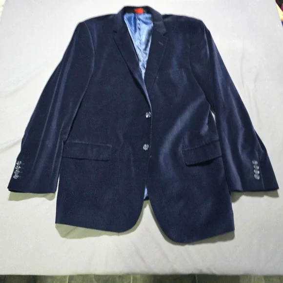 Linea Uomo Velvet Blazer Mens 46L Navy Blue Two Button Floral Lining Long Jacket