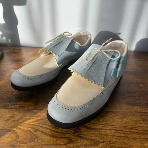 Jack Nicklaus Vintage 1973 Women’s Golf Shoes Blue Metal Spikes Kiltie‎ 8 M