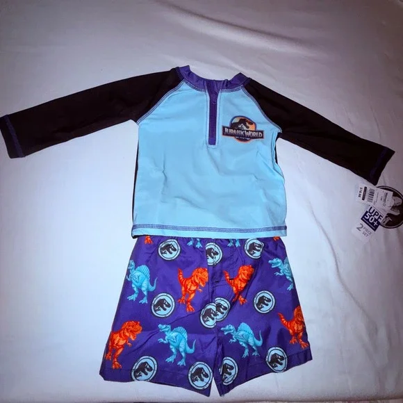 Jurassic World Swimwear Set Kids 12M Blue NEW UPF 50+ Dinosaur 2pc‎ Rash Guard