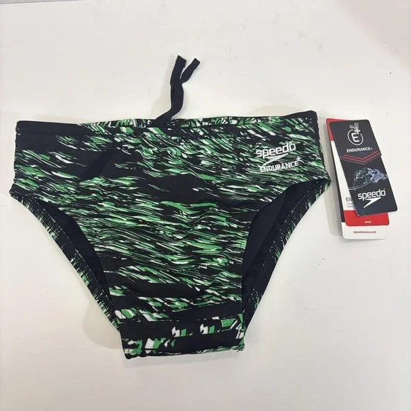 NWT Speedo Endurance+‎ Swim Brief Bottom Boys 26 / 10 Green Black Swim Suit