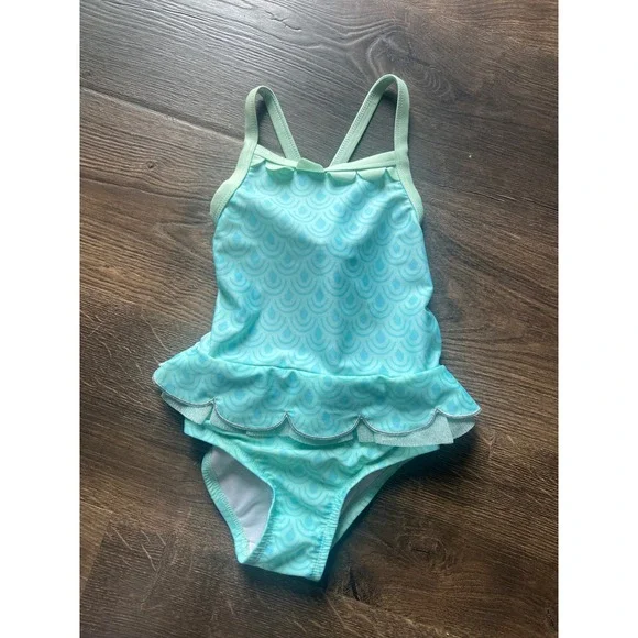 Cat & Jack Girls Aqua Blue Mermaid Scale Ruffle One Piece‎ Swimsuit 4T