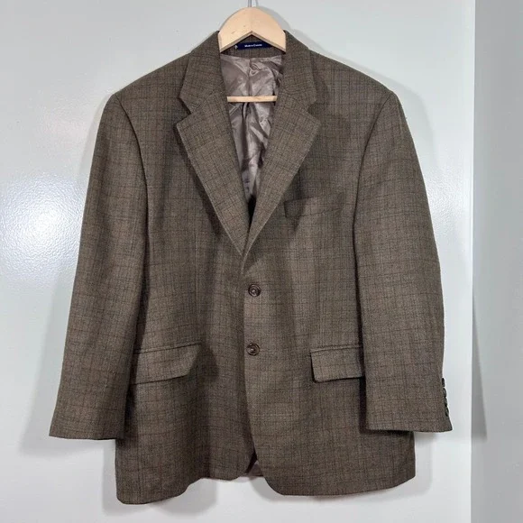 Chaps Ralph Lauren Brown Plaid Lambswool Sport Coat Blazer 42S Made in Canada