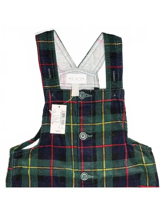 The Children's Place Girls' Green Plaid Corduroy Overall Dress Size 6