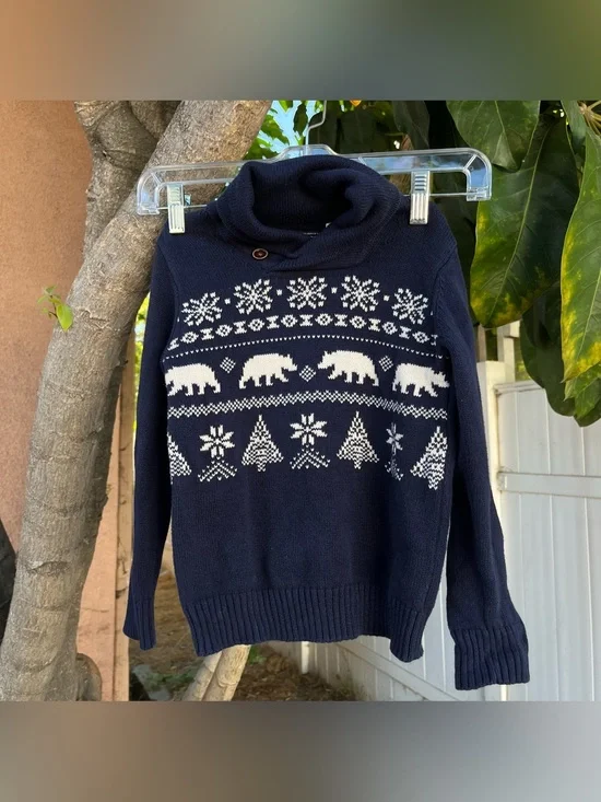 The Children's Place Polar Bear Fair Isle Shawl Sweater In Navy Blue .