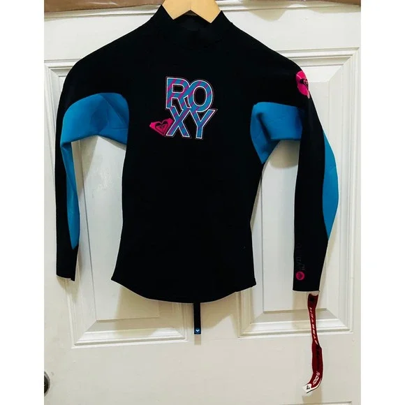 Roxy Syncro 1.5mm Kids Wetsuit Jacket Black Blue Pink Hyperstretch Size 4/32