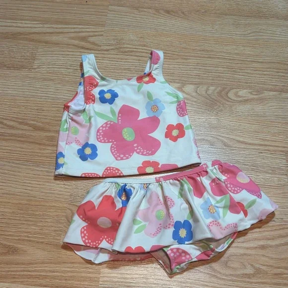 LL Bean Toddler Girls 4T‎ Floral Two Piece Swimsuit Tankini Skirted Pink Blue