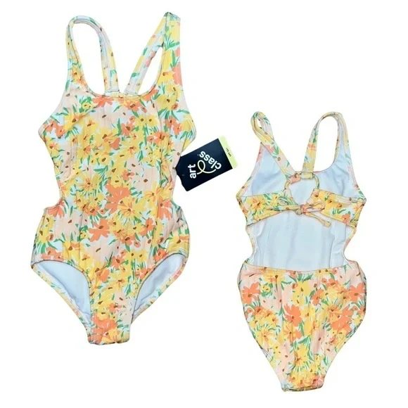 Art Class One Piece Yellow Floral Swimsuit Ribbed Bathing Suit Cut Out XS (4/5)