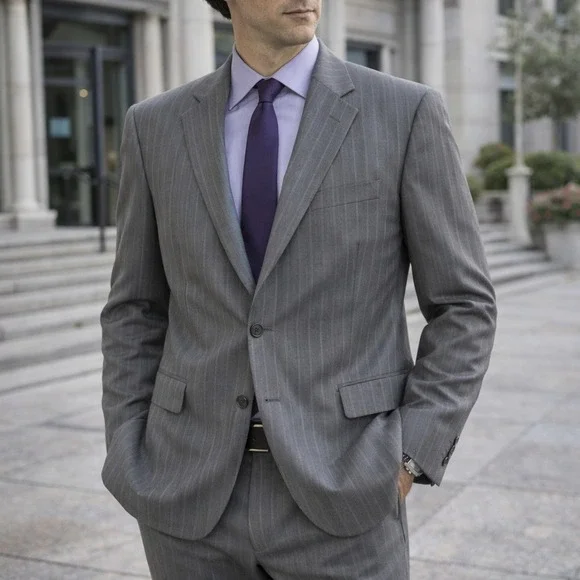 Mens 48R Gray Pinstripe Suit Jacket Blazer 2 Button USA Made Business Formal