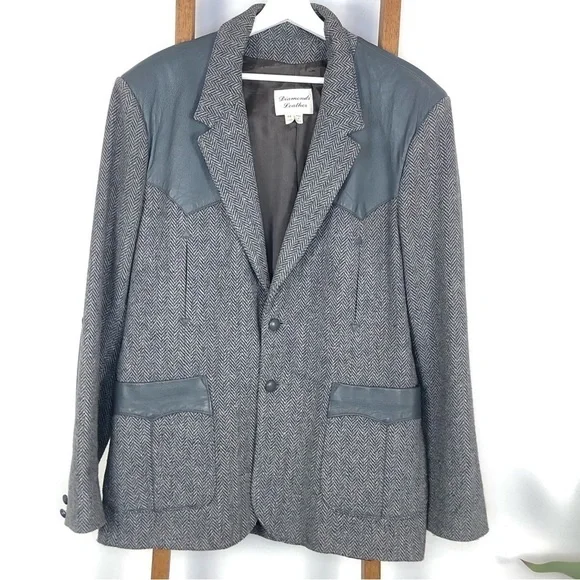 VINTAGE grey herringbone sports jacket leather elbow patches single breasted 44