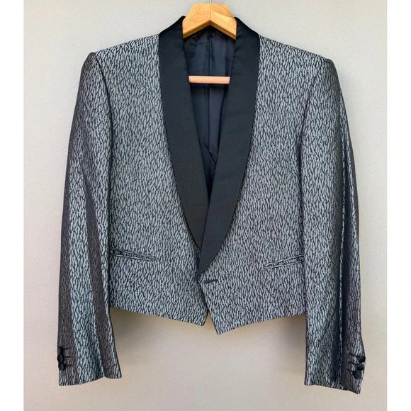 Pierre Cardin Paris M Vintage Cropped Tuxedo Jacket Silver Black Shawl Lapel 80s