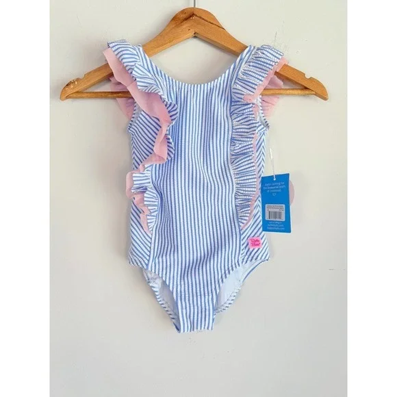 Ruffle Buts Seersucker Striped One Piece Swimsuit Size 5 Ruffle Beach