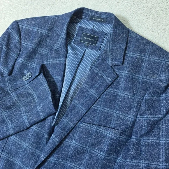NEW‎ 7Diamonds Blazer Mens L Blue Windowpane Plaid Dunes Stretch Sport Coat