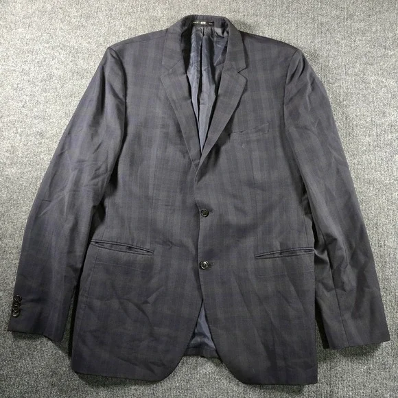 Hugo Boss Mens Navy Shadow Plaid 2 Button Suit Jacket Blazer 44L Union USA Made