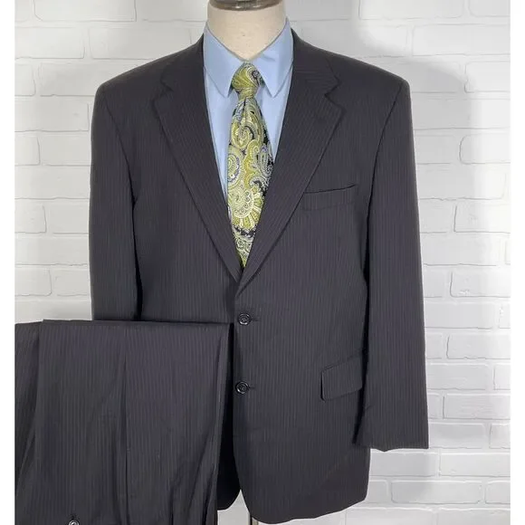 Jos A Bank Signature Suit Men 43R‎ 31W 32L Black Pinstripe Classic Career Wool