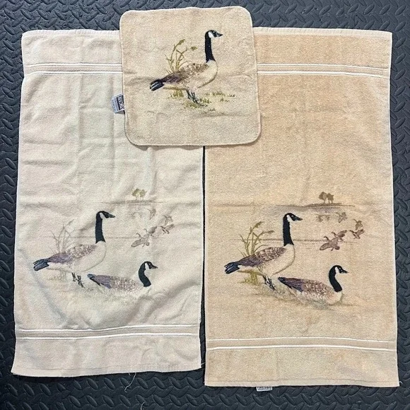 Vintage Utica Canadian Goose Towel Set 3 Pc Bath‎ Hand Washcloth 80s Retro Cabin