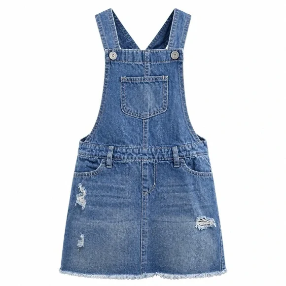Childrens Place Girls Distressed Denim Overall Dress Medium Wash Size 6X 7