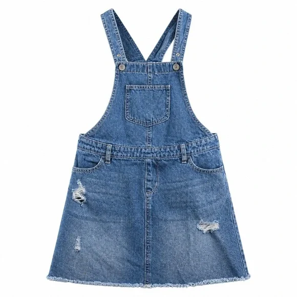The Childrens Place Girls Blue Denim Overall Dress Distressed Size 12