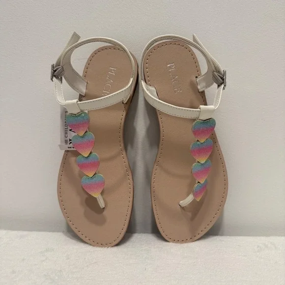 The Childrens Place‎ Girls Rainbow Glitter Heart White Sandals Size 3