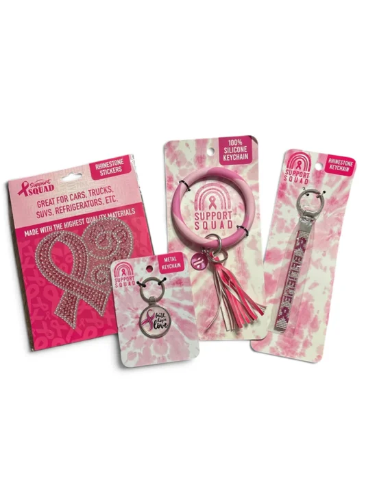 Breast Cancer AwarenessSupport Squad Pink Ribbon Keychain & Sticker Set