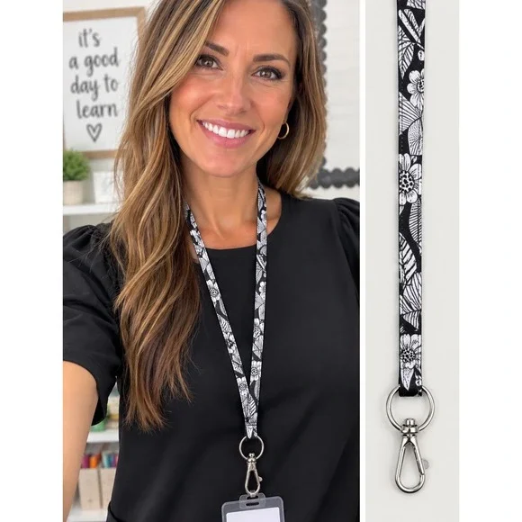 Vera Bradley Wide Lanyard Bedford‎ Blooms Black White Floral 26737-R80 NEW