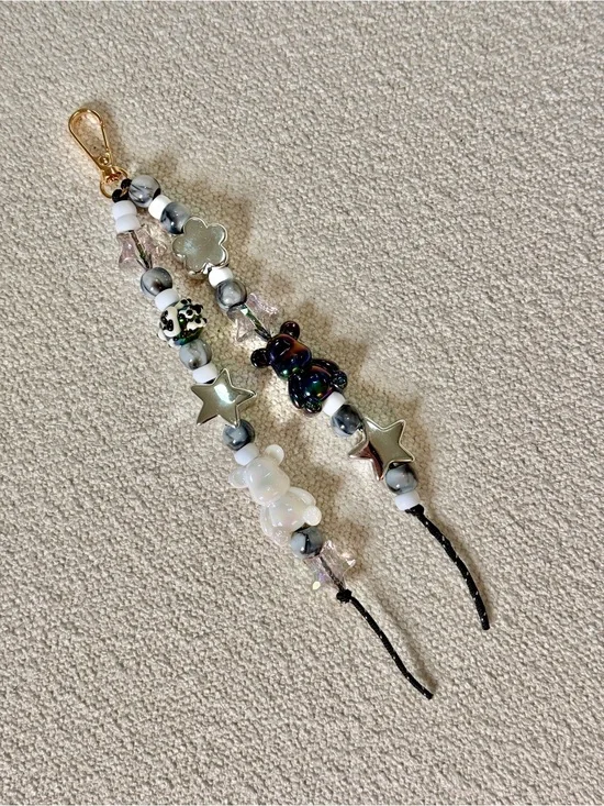Hand Crafted Beaded Bag Charm in White, Black, Silver and Iridescent